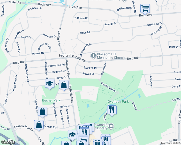 map of restaurants, bars, coffee shops, grocery stores, and more near 327 Powell Dr in Lancaster