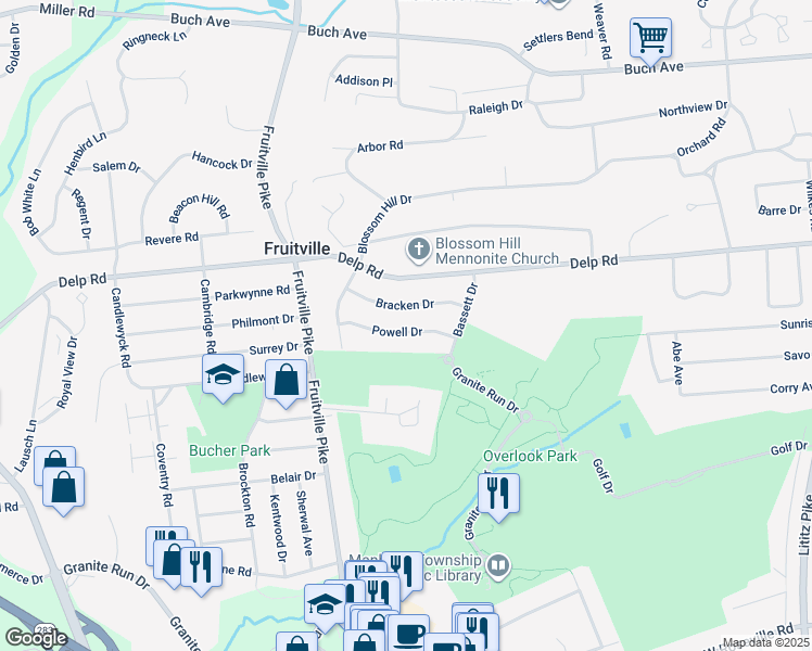 map of restaurants, bars, coffee shops, grocery stores, and more near 327 Powell Dr in Lancaster