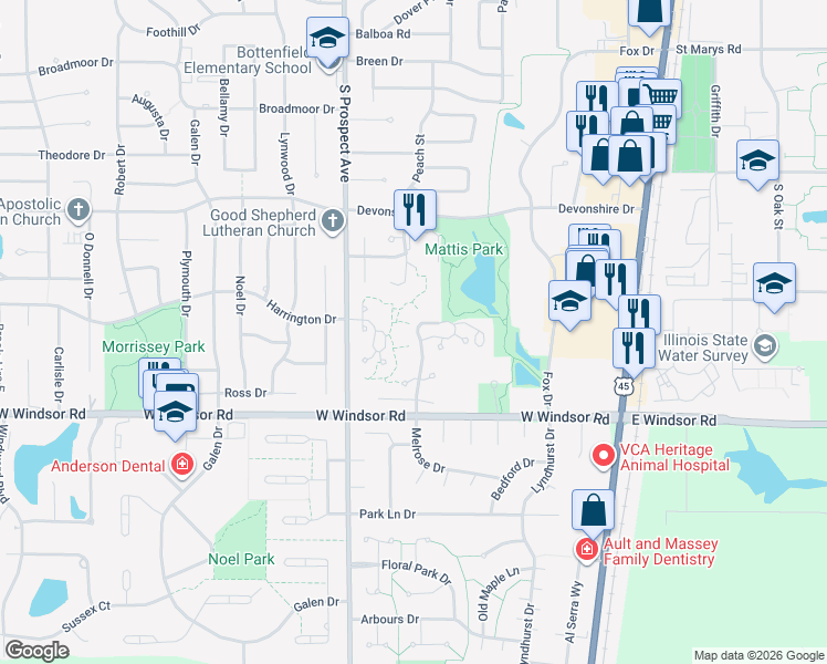 map of restaurants, bars, coffee shops, grocery stores, and more near 2121 Melrose Drive in Champaign