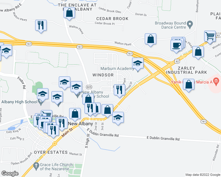 map of restaurants, bars, coffee shops, grocery stores, and more near 8085 Parsons Pass in New Albany