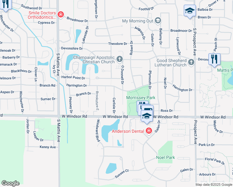 map of restaurants, bars, coffee shops, grocery stores, and more near 2207 Carlisle Drive in Champaign
