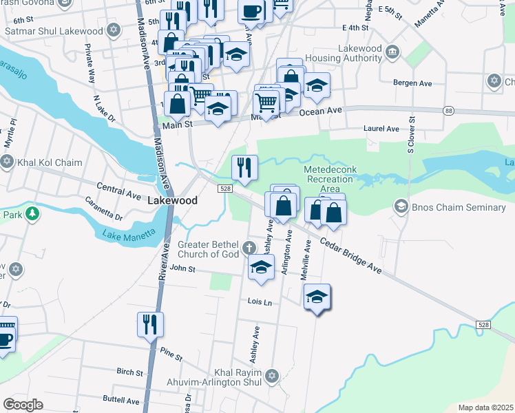 map of restaurants, bars, coffee shops, grocery stores, and more near 317 Cedar Bridge Avenue in Lakewood