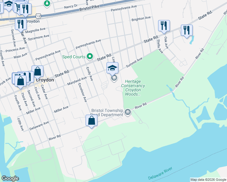 map of restaurants, bars, coffee shops, grocery stores, and more near 1033 Anne Street in Croydon