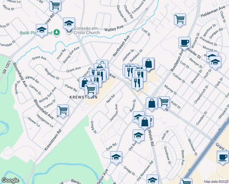 map of restaurants, bars, coffee shops, grocery stores, and more near 9367 Neil Road in Philadelphia