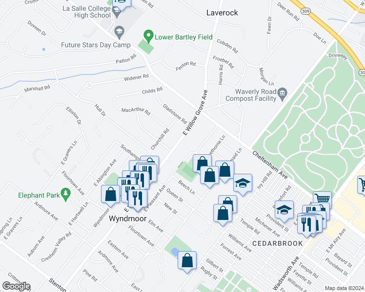 map of restaurants, bars, coffee shops, grocery stores, and more near 1400 East Willow Grove Avenue in Wyndmoor
