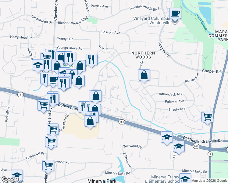 map of restaurants, bars, coffee shops, grocery stores, and more near 5592 Great Woods Boulevard in Columbus