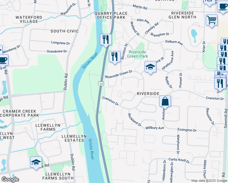 map of restaurants, bars, coffee shops, grocery stores, and more near 6439 Brookedge Court in Dublin