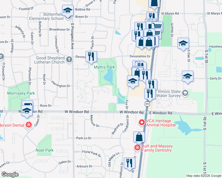 map of restaurants, bars, coffee shops, grocery stores, and more near 1925 Melrose Drive in Champaign