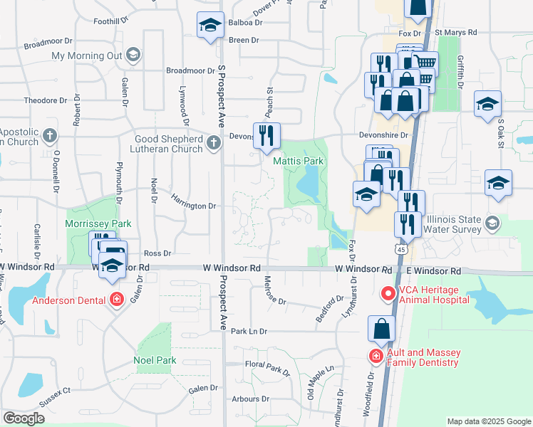map of restaurants, bars, coffee shops, grocery stores, and more near 2121 Melrose Drive in Champaign