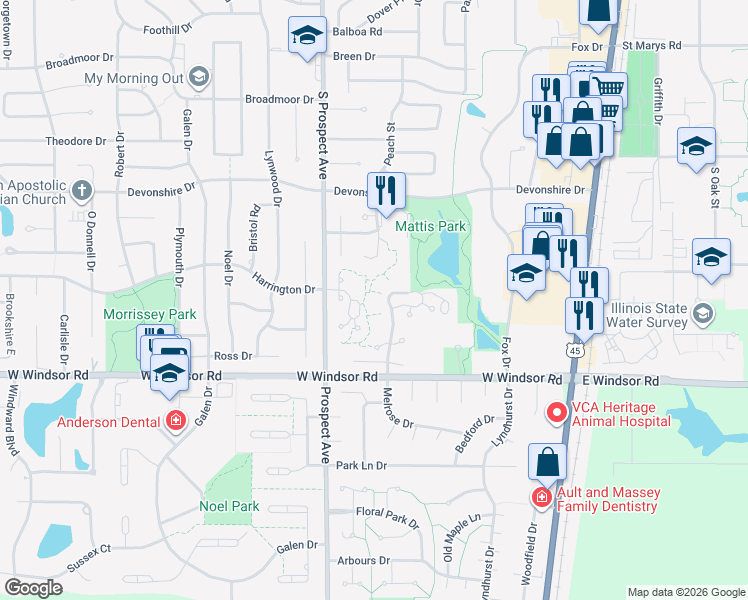 map of restaurants, bars, coffee shops, grocery stores, and more near 2121 Melrose Drive in Champaign