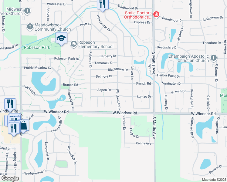 map of restaurants, bars, coffee shops, grocery stores, and more near 2207 Aspen Drive in Champaign
