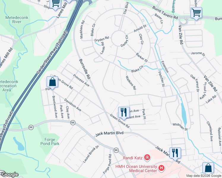 map of restaurants, bars, coffee shops, grocery stores, and more near 73 Central Boulevard in Brick Township