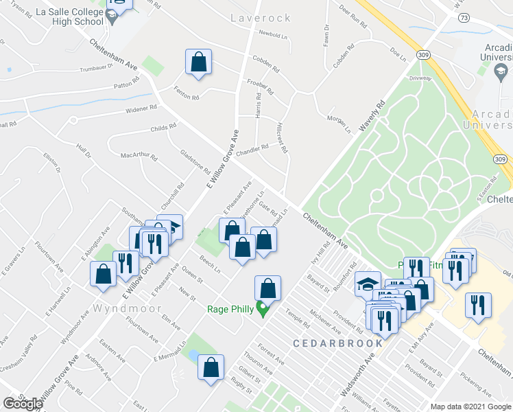 map of restaurants, bars, coffee shops, grocery stores, and more near 1420 Firethorne Lane in Wyndmoor