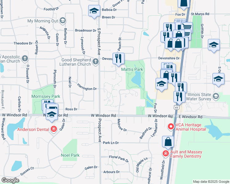 map of restaurants, bars, coffee shops, grocery stores, and more near 2121 Melrose Drive in Champaign