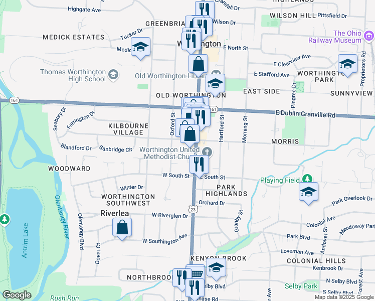 map of restaurants, bars, coffee shops, grocery stores, and more near 615 High Street in Columbus