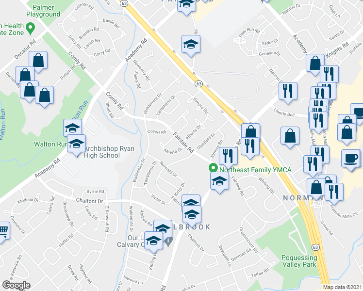 map of restaurants, bars, coffee shops, grocery stores, and more near 3870 Fairdale Road in Philadelphia