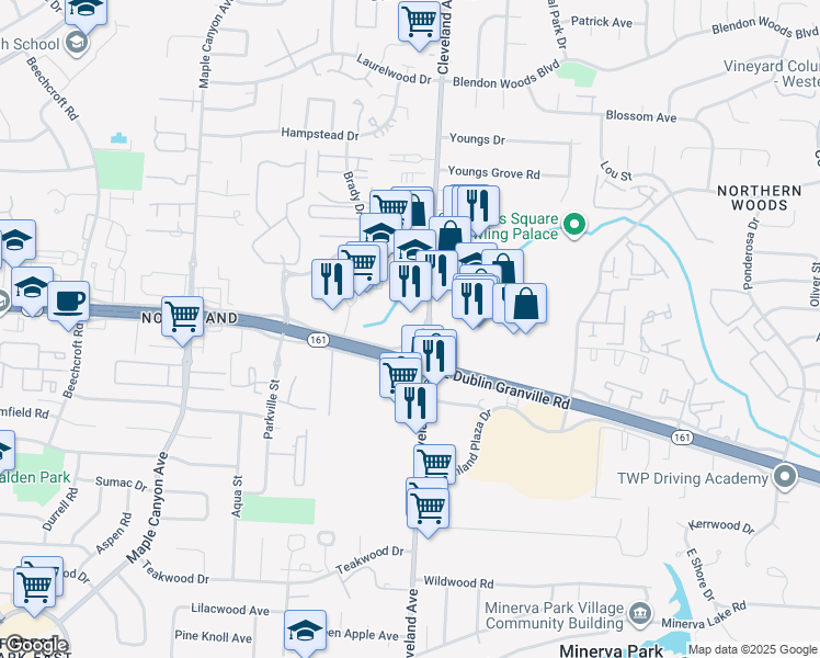 map of restaurants, bars, coffee shops, grocery stores, and more near 5681 Cleveland Avenue in Columbus