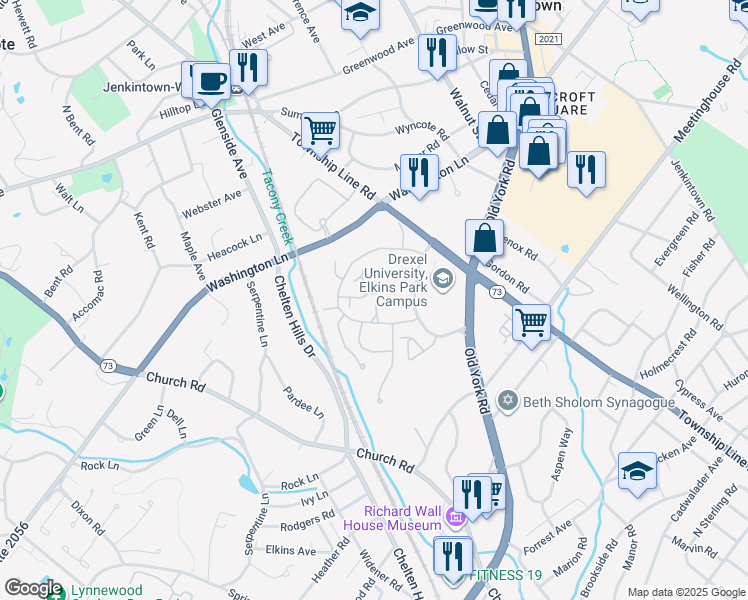 map of restaurants, bars, coffee shops, grocery stores, and more near 303 Ironwood Circle in Elkins Park