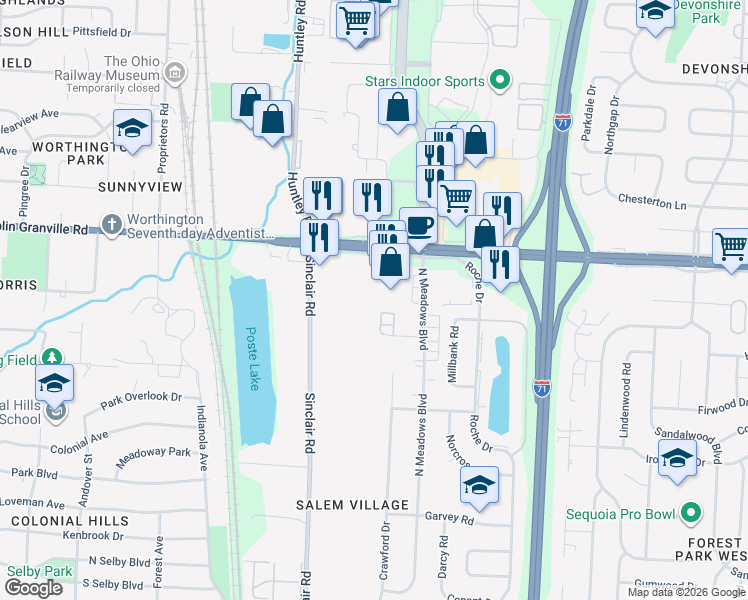 map of restaurants, bars, coffee shops, grocery stores, and more near 883 East Dublin Granville Road in Columbus