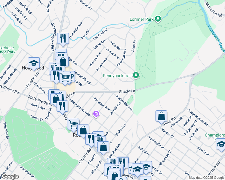 map of restaurants, bars, coffee shops, grocery stores, and more near 265 Rockledge Avenue in Huntingdon Valley