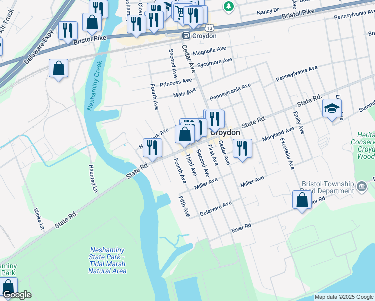 map of restaurants, bars, coffee shops, grocery stores, and more near 510 State Road in Croydon