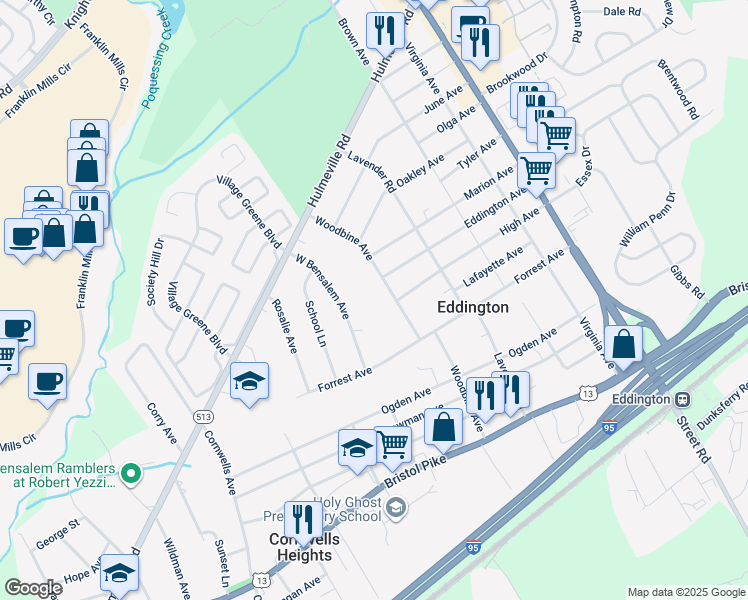 map of restaurants, bars, coffee shops, grocery stores, and more near 1420 Woodbine Avenue in Eddington