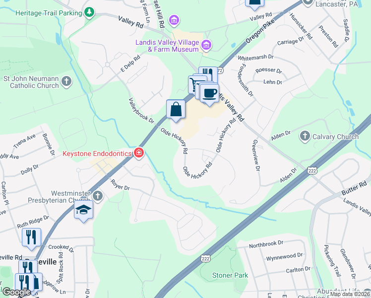 map of restaurants, bars, coffee shops, grocery stores, and more near Olde Hickory Road in Lancaster