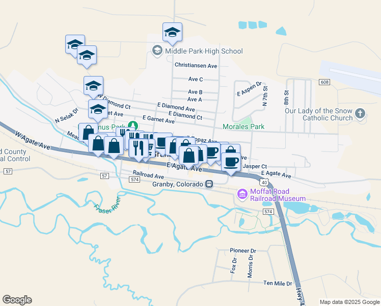 map of restaurants, bars, coffee shops, grocery stores, and more near 61 N 3rd St in Granby
