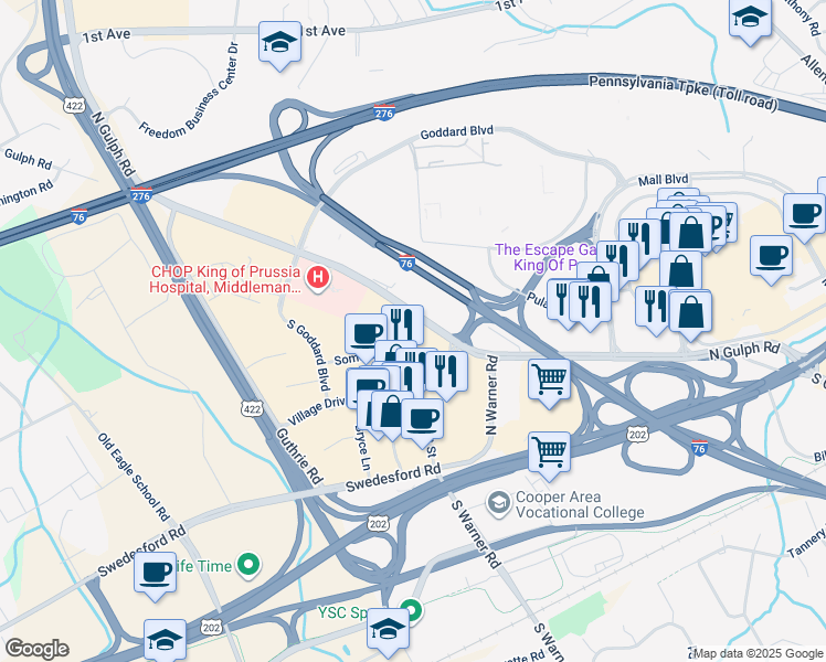 map of restaurants, bars, coffee shops, grocery stores, and more near 504 Lakeview Court in King of Prussia
