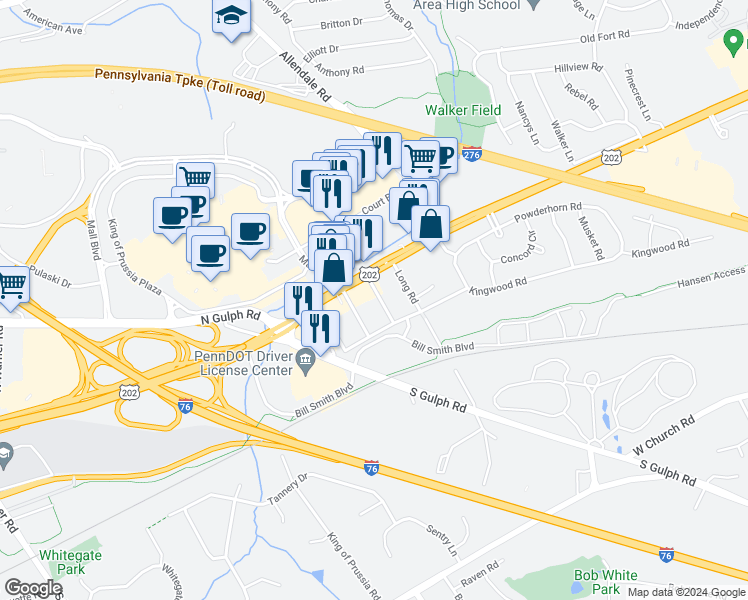 map of restaurants, bars, coffee shops, grocery stores, and more near 119 Wilson Road in King of Prussia