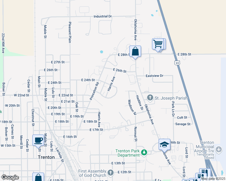 map of restaurants, bars, coffee shops, grocery stores, and more near 1700-2398 Harris Avenue in Trenton