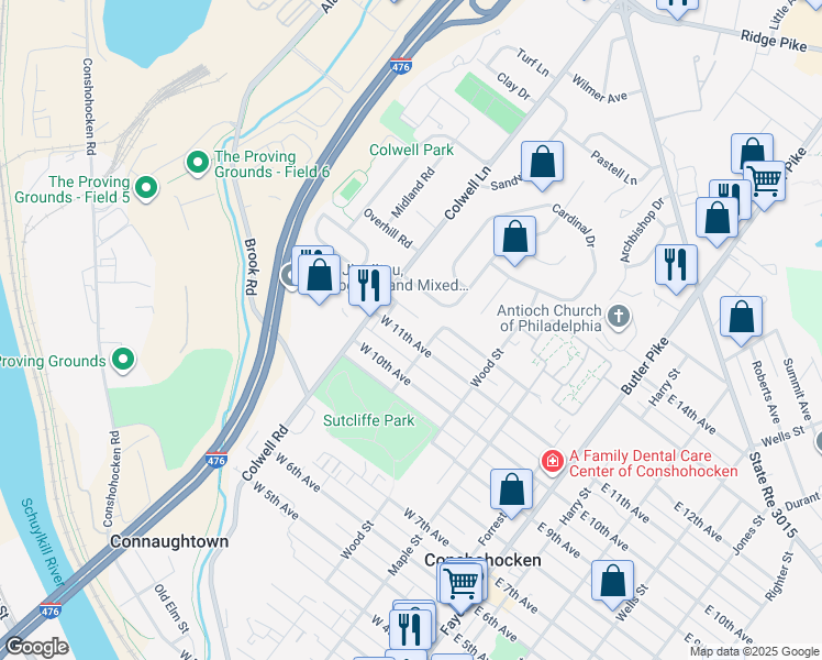 map of restaurants, bars, coffee shops, grocery stores, and more near 416 West 11th Avenue in Conshohocken