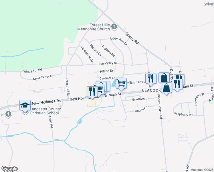 map of restaurants, bars, coffee shops, grocery stores, and more near 333 West Main Street in Leacock-Leola-Bareville
