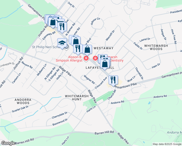 map of restaurants, bars, coffee shops, grocery stores, and more near 3056 Kerper Road in Lafayette Hill