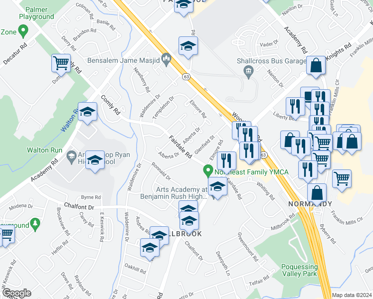 map of restaurants, bars, coffee shops, grocery stores, and more near 3891 Fairdale Road in Philadelphia