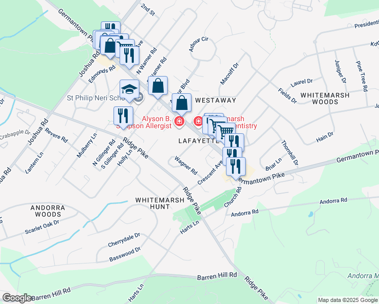 map of restaurants, bars, coffee shops, grocery stores, and more near 3056 Kerper Road in Lafayette Hill