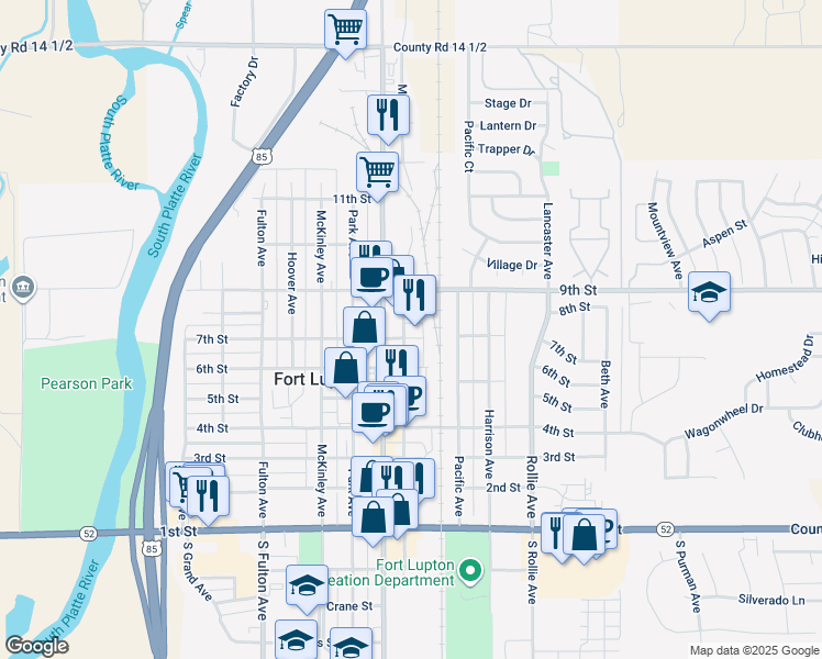 map of restaurants, bars, coffee shops, grocery stores, and more near 710 Main Street in Fort Lupton