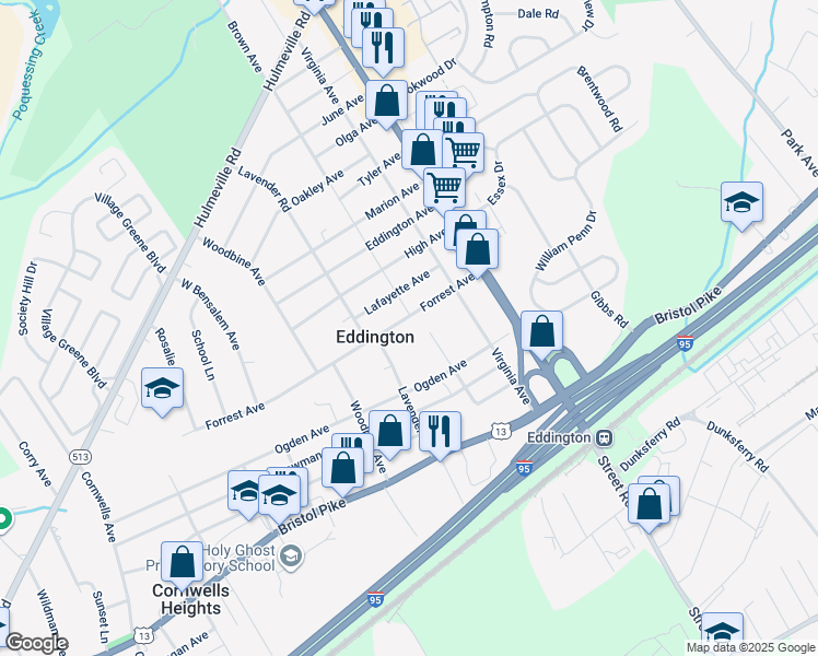 map of restaurants, bars, coffee shops, grocery stores, and more near 2769 Forrest Avenue in Eddington
