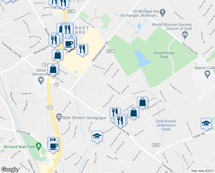 map of restaurants, bars, coffee shops, grocery stores, and more near 223 Fisher Road in Jenkintown
