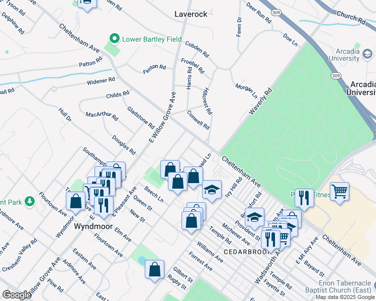 map of restaurants, bars, coffee shops, grocery stores, and more near 1420 Firethorne Lane in Wyndmoor