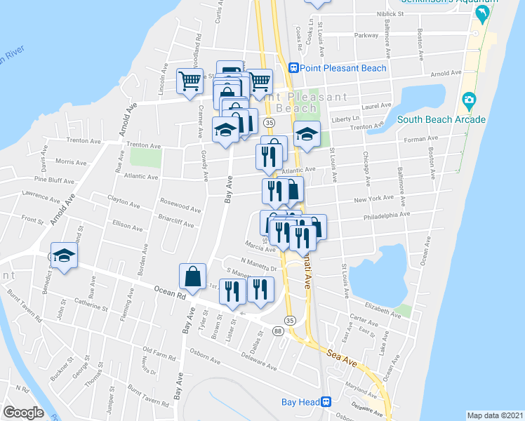 map of restaurants, bars, coffee shops, grocery stores, and more near 698 New York Avenue in Point Pleasant Beach