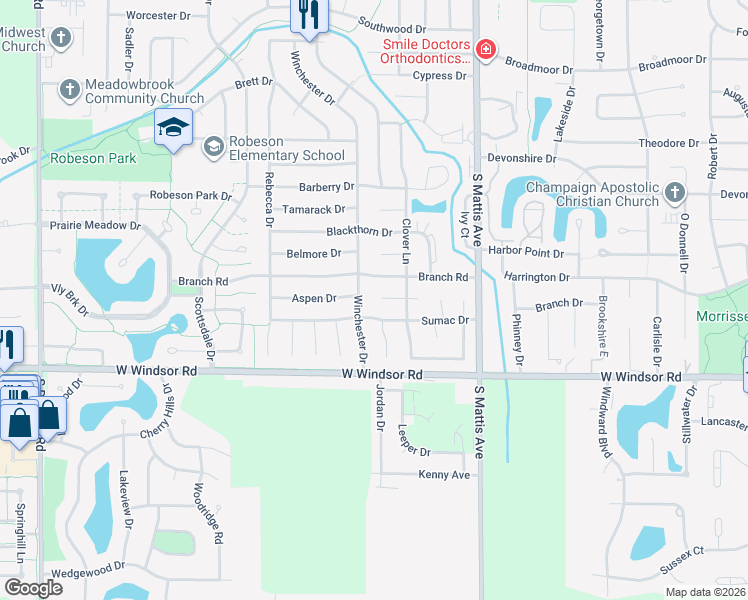 map of restaurants, bars, coffee shops, grocery stores, and more near 2111 Clover Court West in Champaign