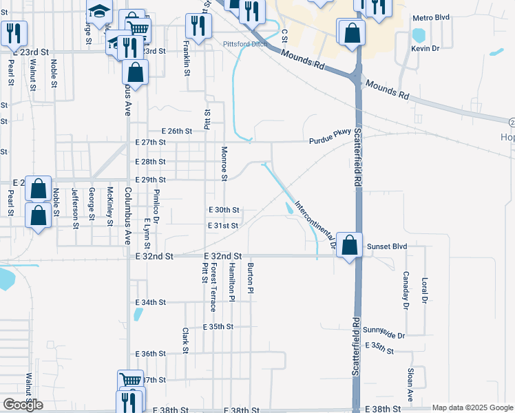 map of restaurants, bars, coffee shops, grocery stores, and more near 1624 East 30th Street in Anderson
