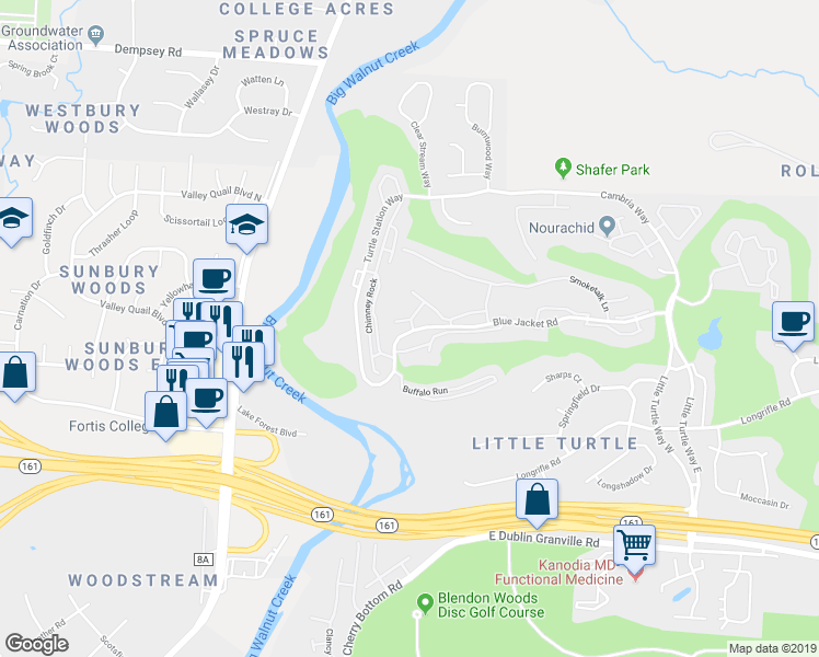map of restaurants, bars, coffee shops, grocery stores, and more near 5441 Blue Cloud Lane in Westerville