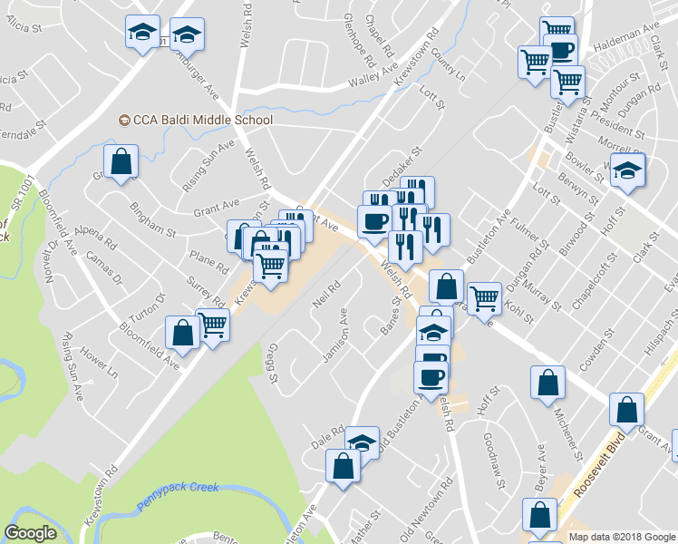 map of restaurants, bars, coffee shops, grocery stores, and more near 9366 Neil Road in Philadelphia