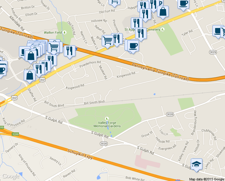 map of restaurants, bars, coffee shops, grocery stores, and more near 1212 Bill Smith Blvd in King of Prussia