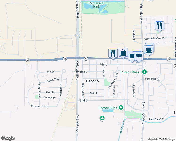 map of restaurants, bars, coffee shops, grocery stores, and more near 132 6th Street in Dacono