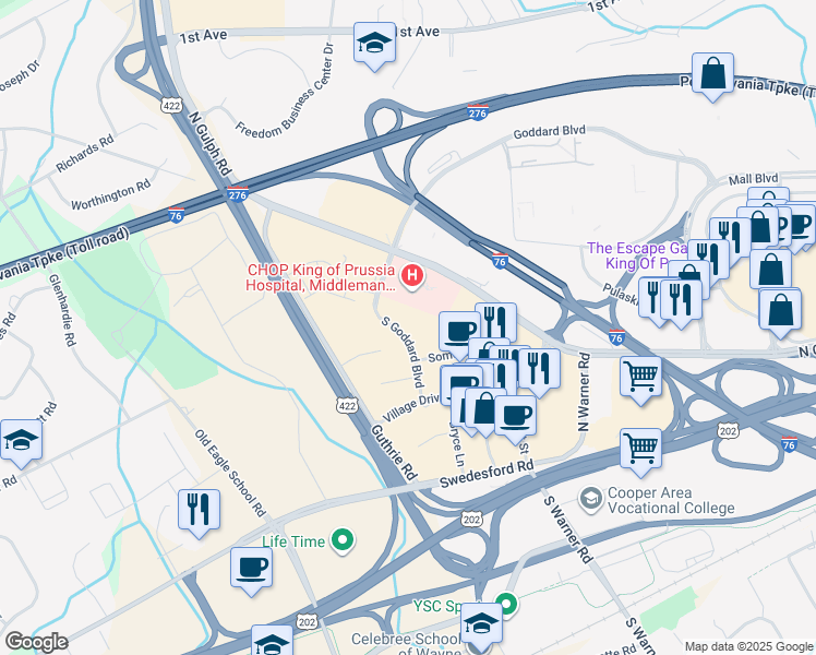 map of restaurants, bars, coffee shops, grocery stores, and more near 580 South Goddard Boulevard in King of Prussia