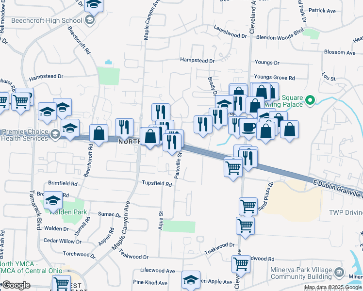 map of restaurants, bars, coffee shops, grocery stores, and more near Rte 161 & Parkville St in Columbus