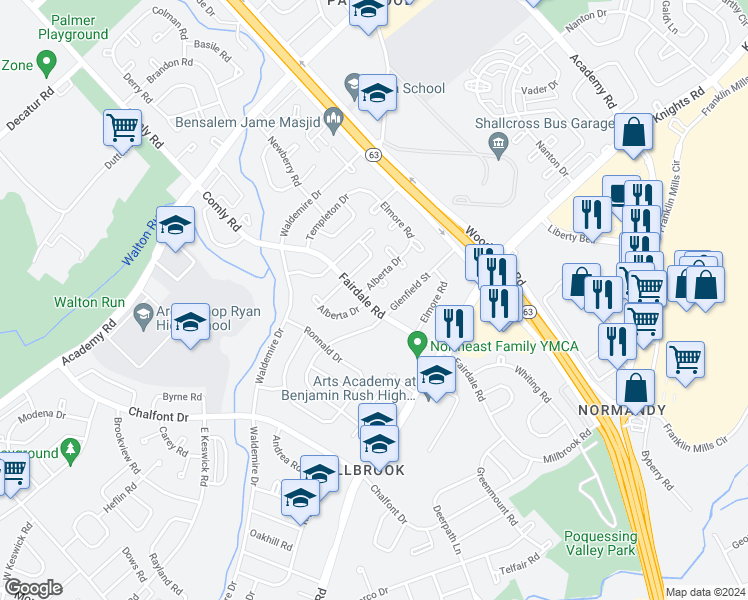 map of restaurants, bars, coffee shops, grocery stores, and more near 3891 Fairdale Road in Philadelphia